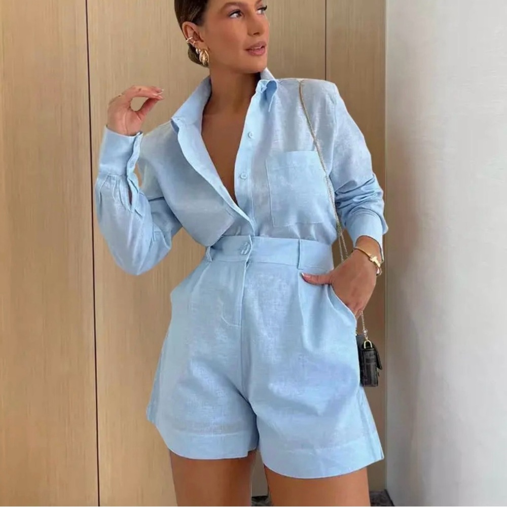 Light Blue Button-Up Shirt and Shorts Set